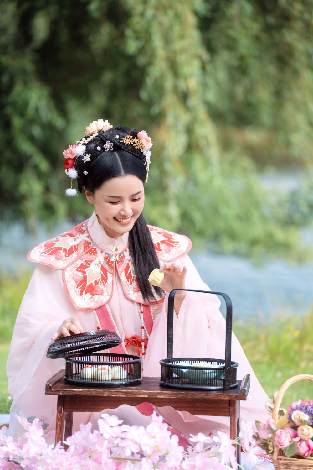 Natural and sweet solo photography in a strawberry rabbit Hanfu at Western Springs, by Imagine Image Studio Auckland.