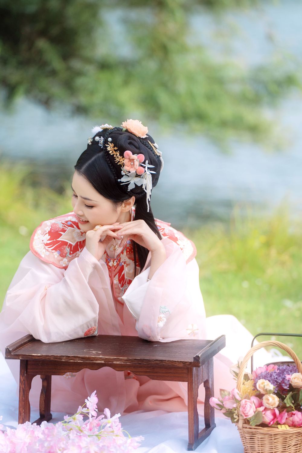 Cute strawberry bunny themed Hanfu portrait in the natural outdoors of Western Springs, by Imagine Image Studio.