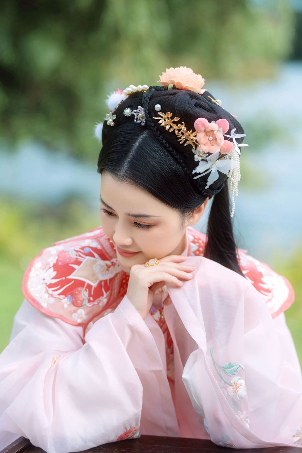 Cute strawberry bunny themed Hanfu portrait in the natural outdoors of Western Springs, by Imagine Image Studio.