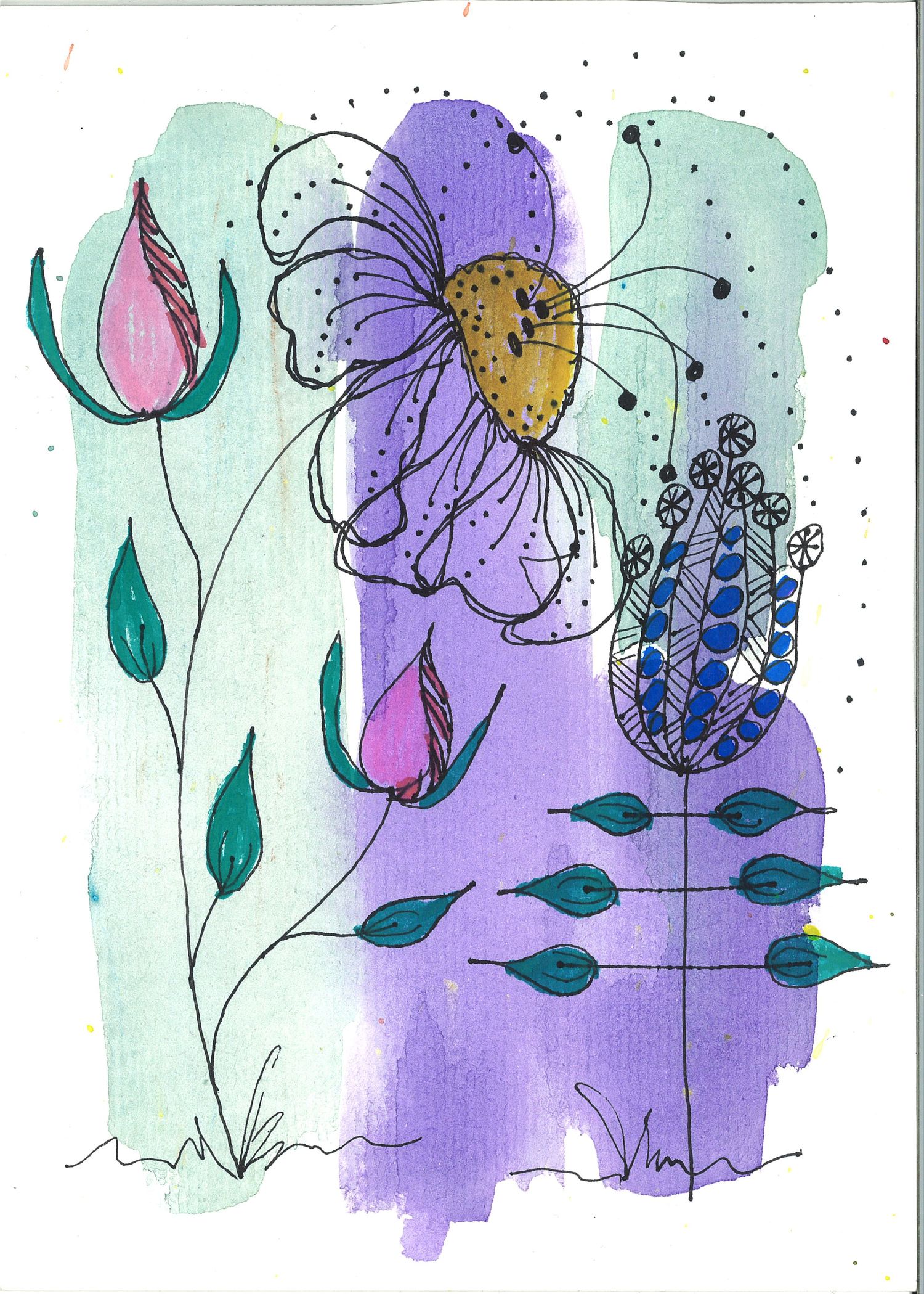 Watercolor flowers in purple and green with delicate stems and leaves on a pastel background.
