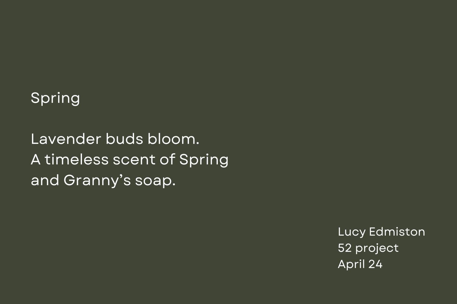 Minimalist haiku about spring and lavender on dark green background.