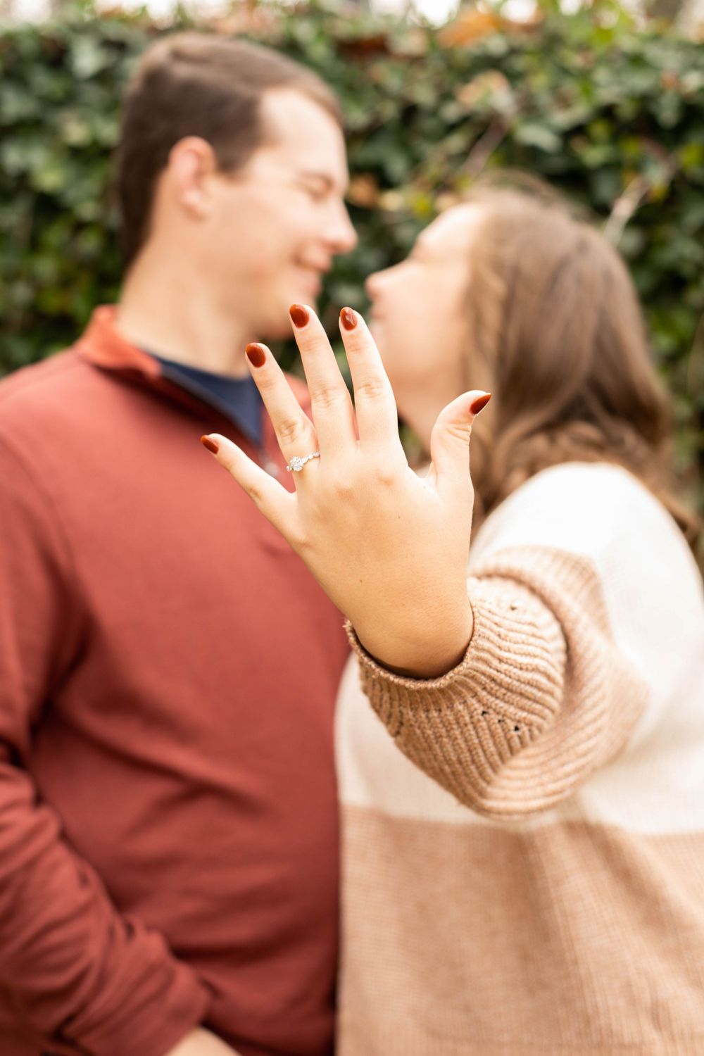A series showing a couple's joyful reaction and ring display after getting engaged.