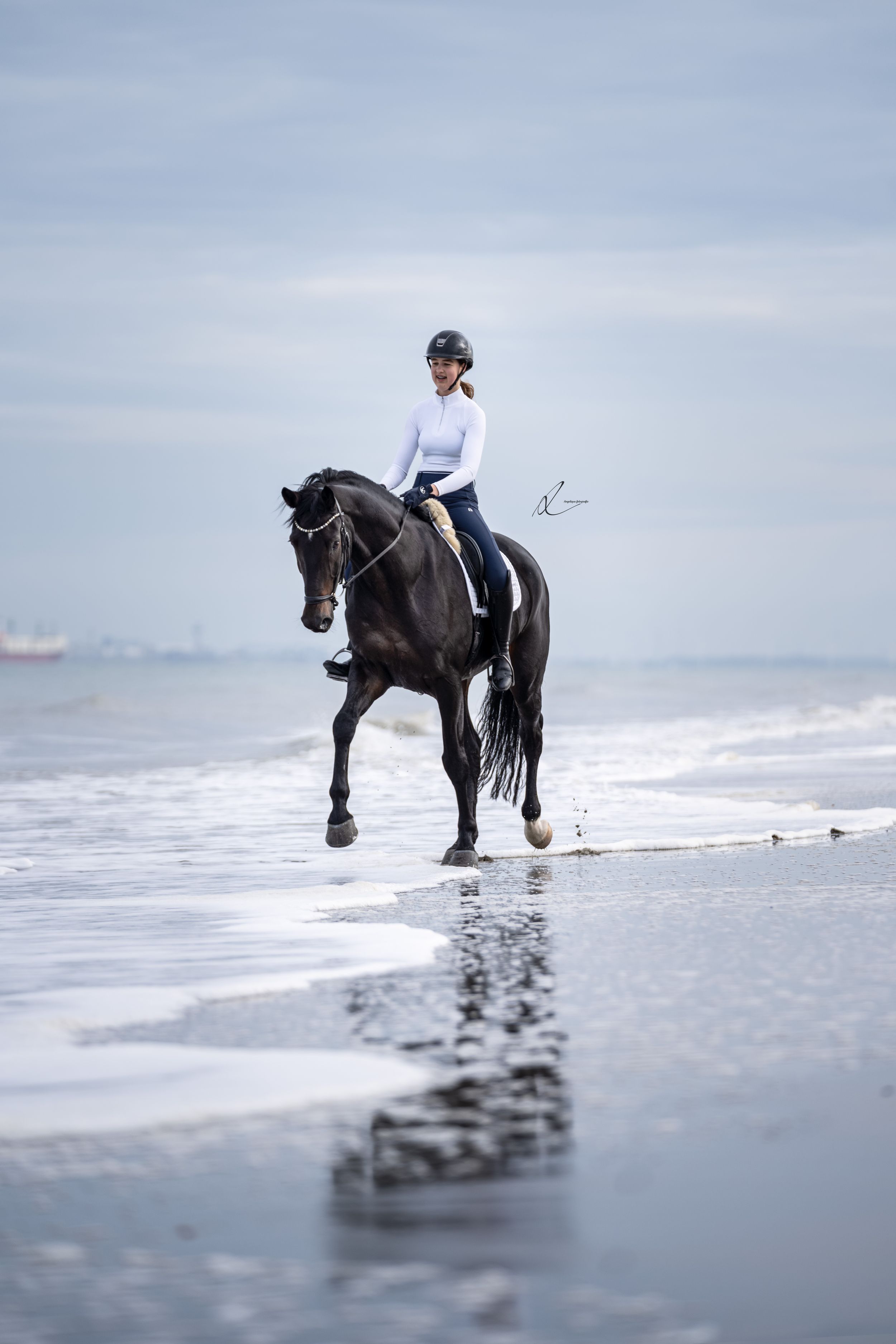 Equestrian riding a black horse along misty beach shoreline with waves reflecting in wet sand.