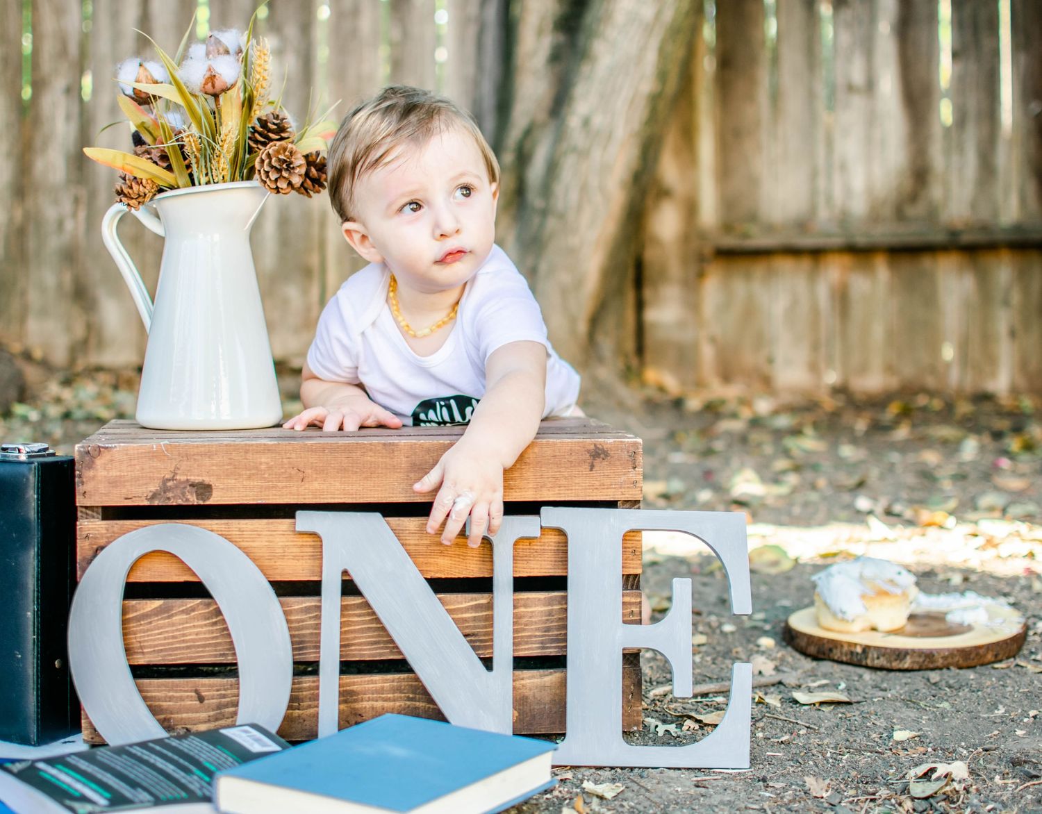 First birthday celebration setup with rustic decor and cake smash props in a backyard garden.