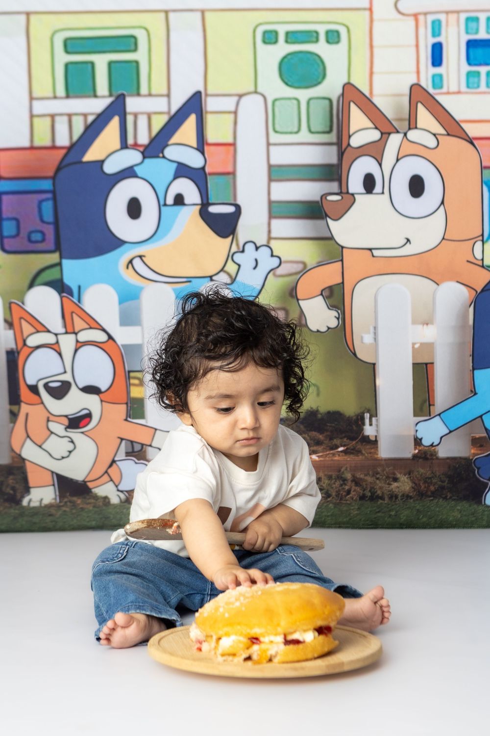 Sequence showing small hands exploring and playing with food against cartoon background wall art.