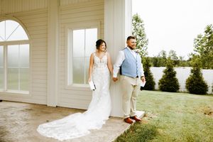 A romantic wedding photography collage showing outdoor portraits of a couple on their special day at a white building venue.