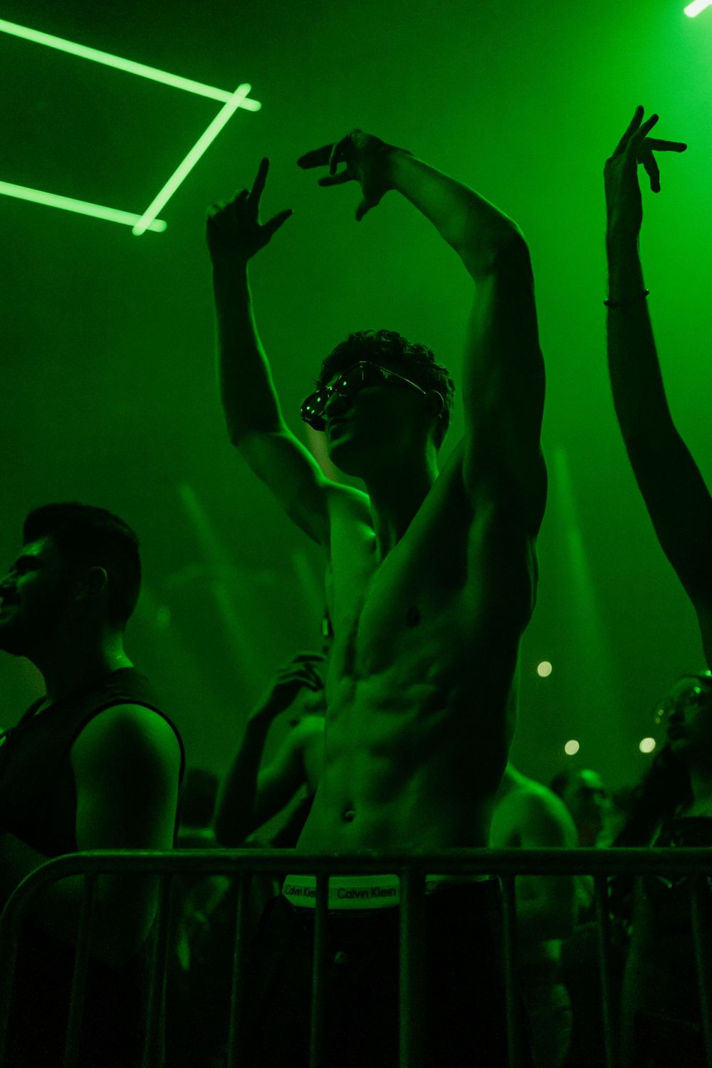 Silhouetted concert crowd dances with raised arms under green geometric lighting.