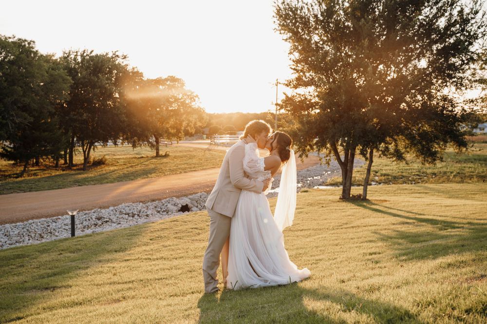 Golden hour wedding photography sequence in a pastoral setting.