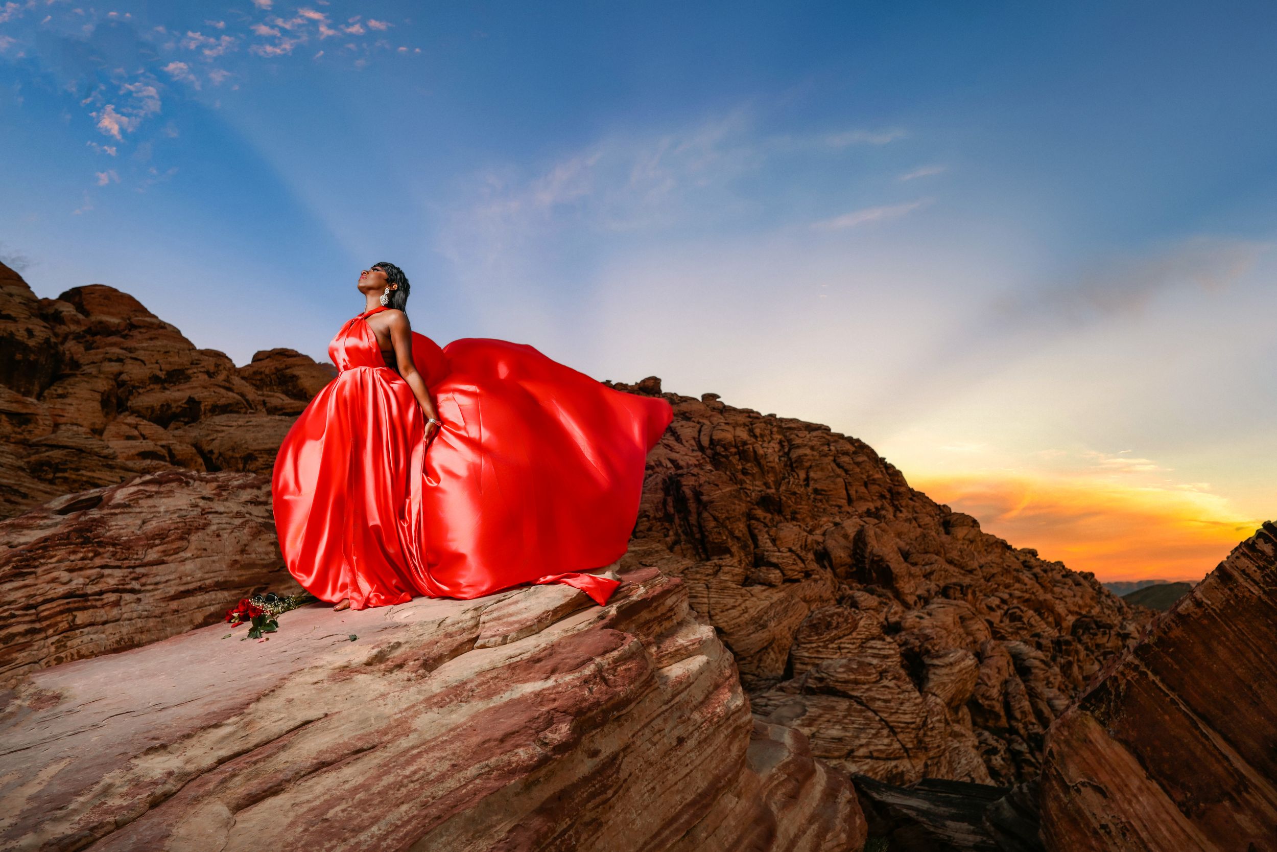 Luxury Flying Dress Photoshoot at Sunset in Red Couture Gown by Marley Domeck