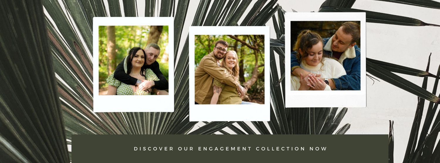 Three polaroid-style photos arranged on a palm leaf background showing romantic couple moments.