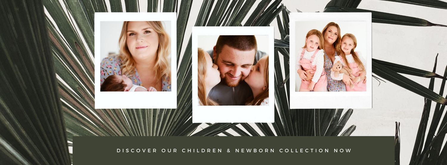 Three vintage polaroid photos arranged on palm frond background.