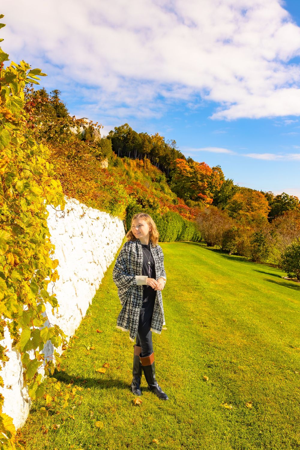 A person stands on a grassy hillside surrounded by colorful autumn foliage and white clouds in the blue sky.