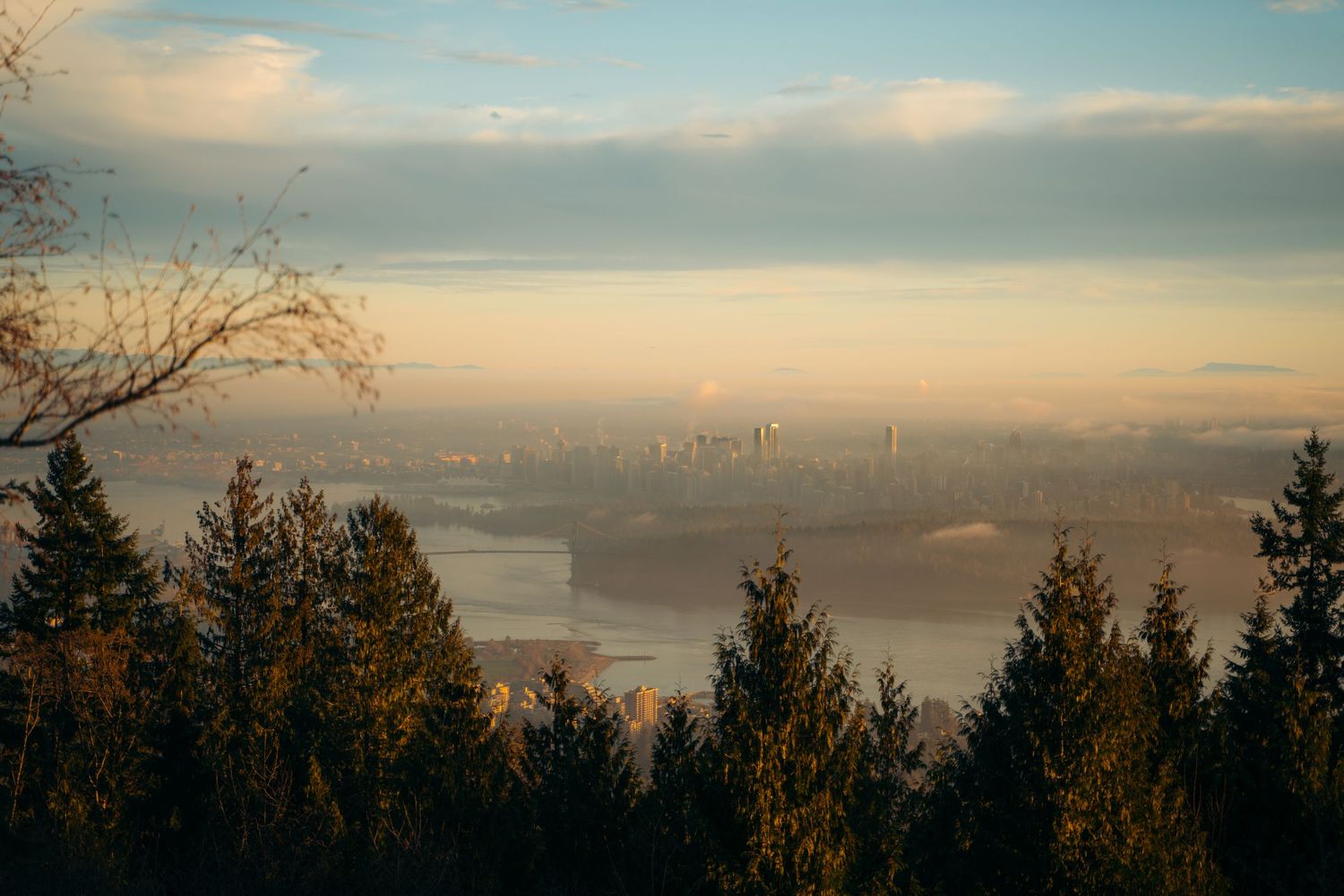 Misty panoramic view of Vancouver city skyline surrounded by evergreen trees at golden hour.

Vancouver Canada Scene