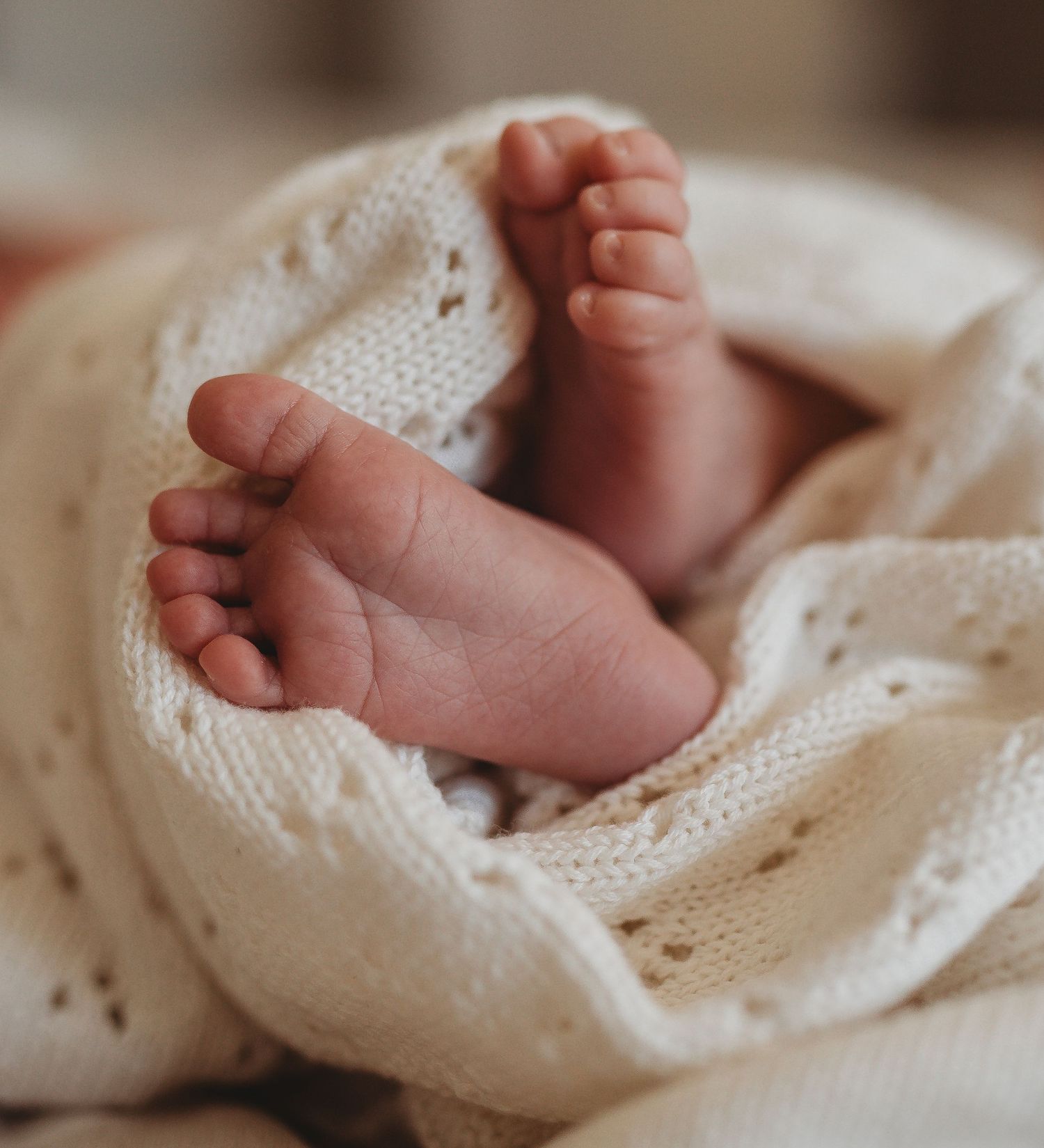 Tiny newborn baby feet wrapped in soft white knit blanket.