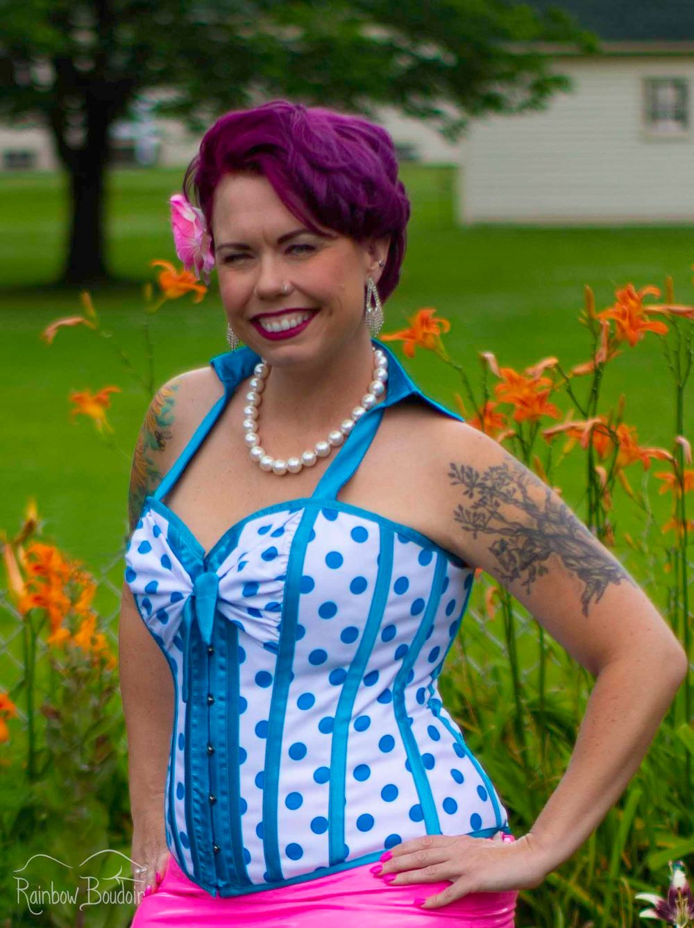 woman outdoors with polka dot corset