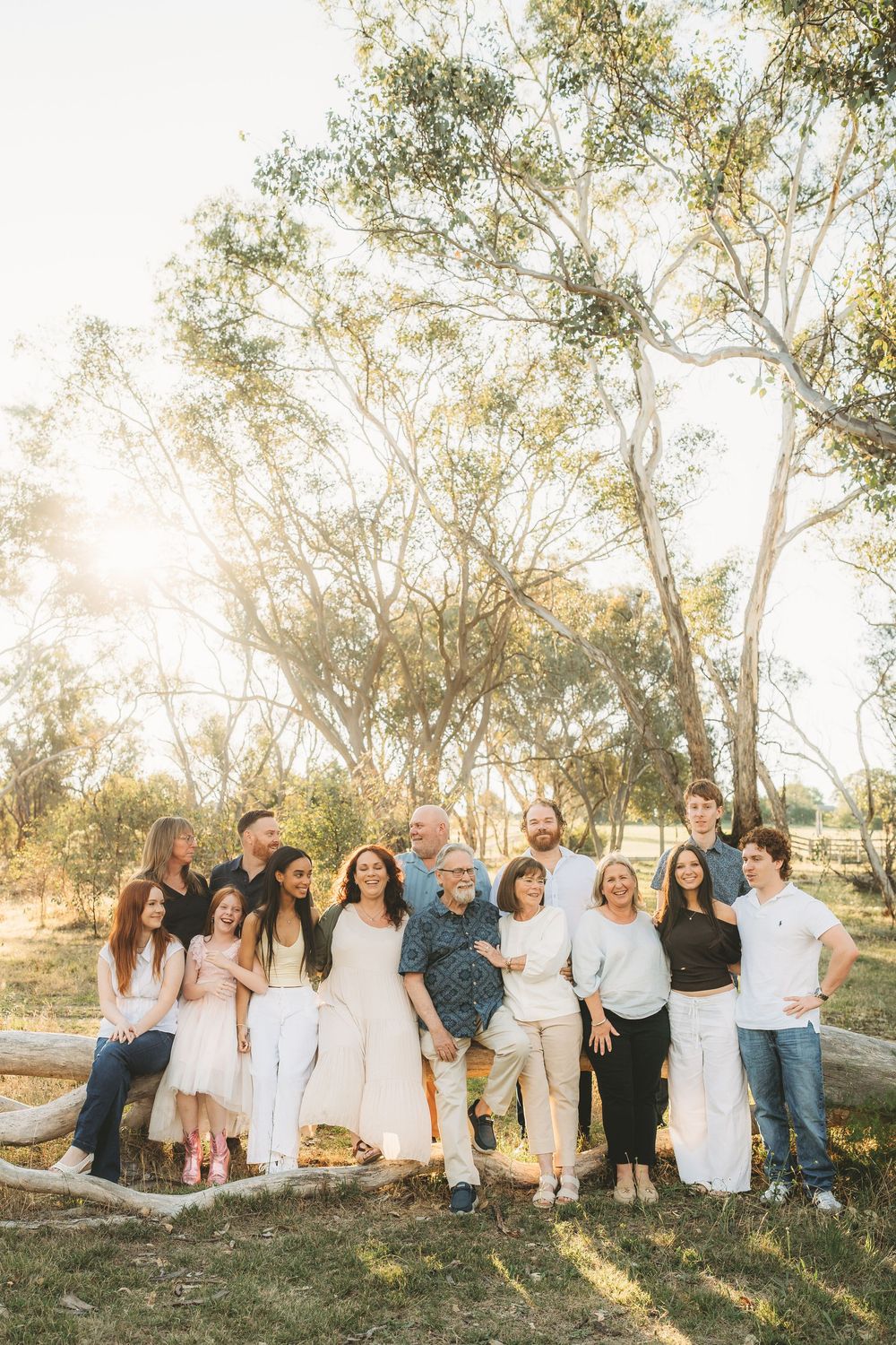 Large extended family group portrait outdoors among eucalyptus trees in warm golden sunlight.
