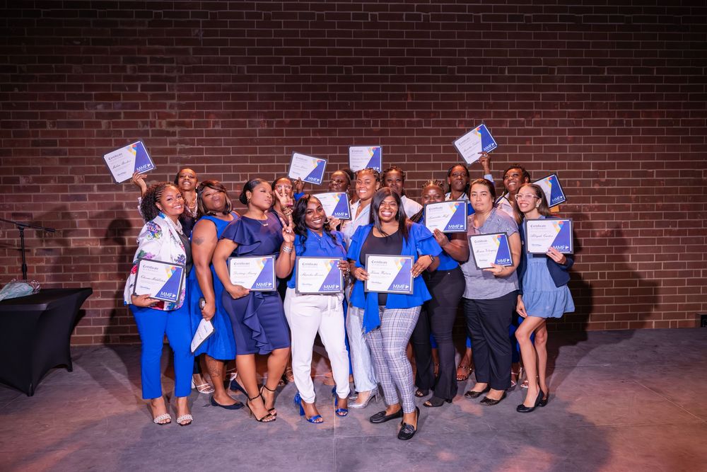 A group poses in coordinated blue and white outfits against a brick wall in a progressive series of candid shots.