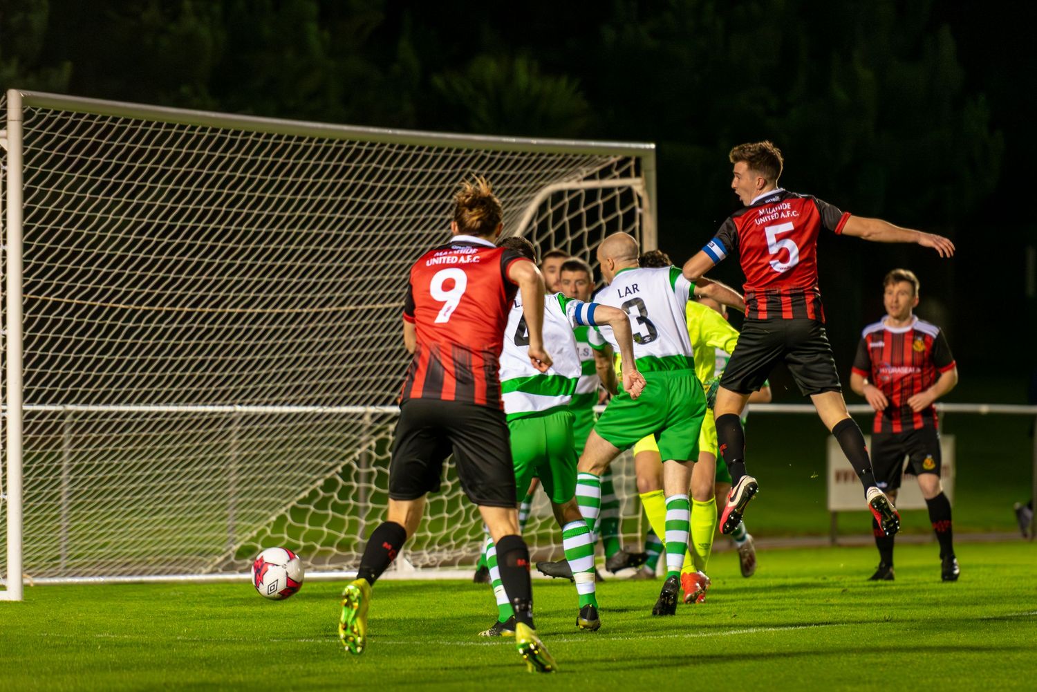 Malahide Utd score a goal in the FAI Intermediate Cup against St. Patrick's CYFC.