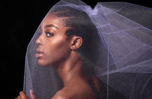 Side profile portrait of a bride wearing sheer white tulle veil against dark background creating dramatic lighting effect.