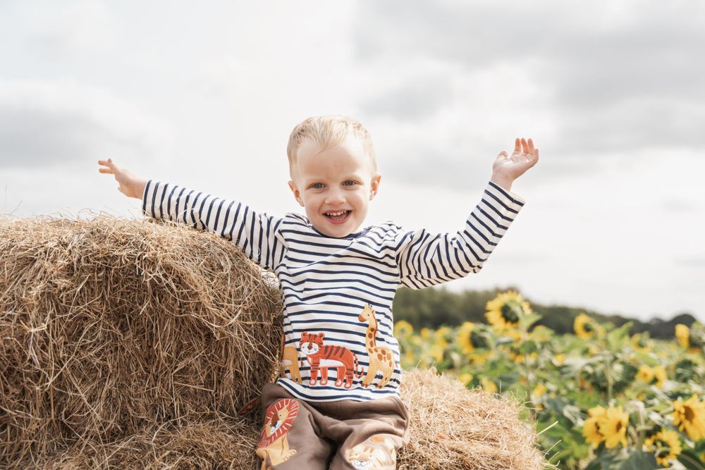 Child in striped shirt poses excitedly on hay bale with sunflower field in background.