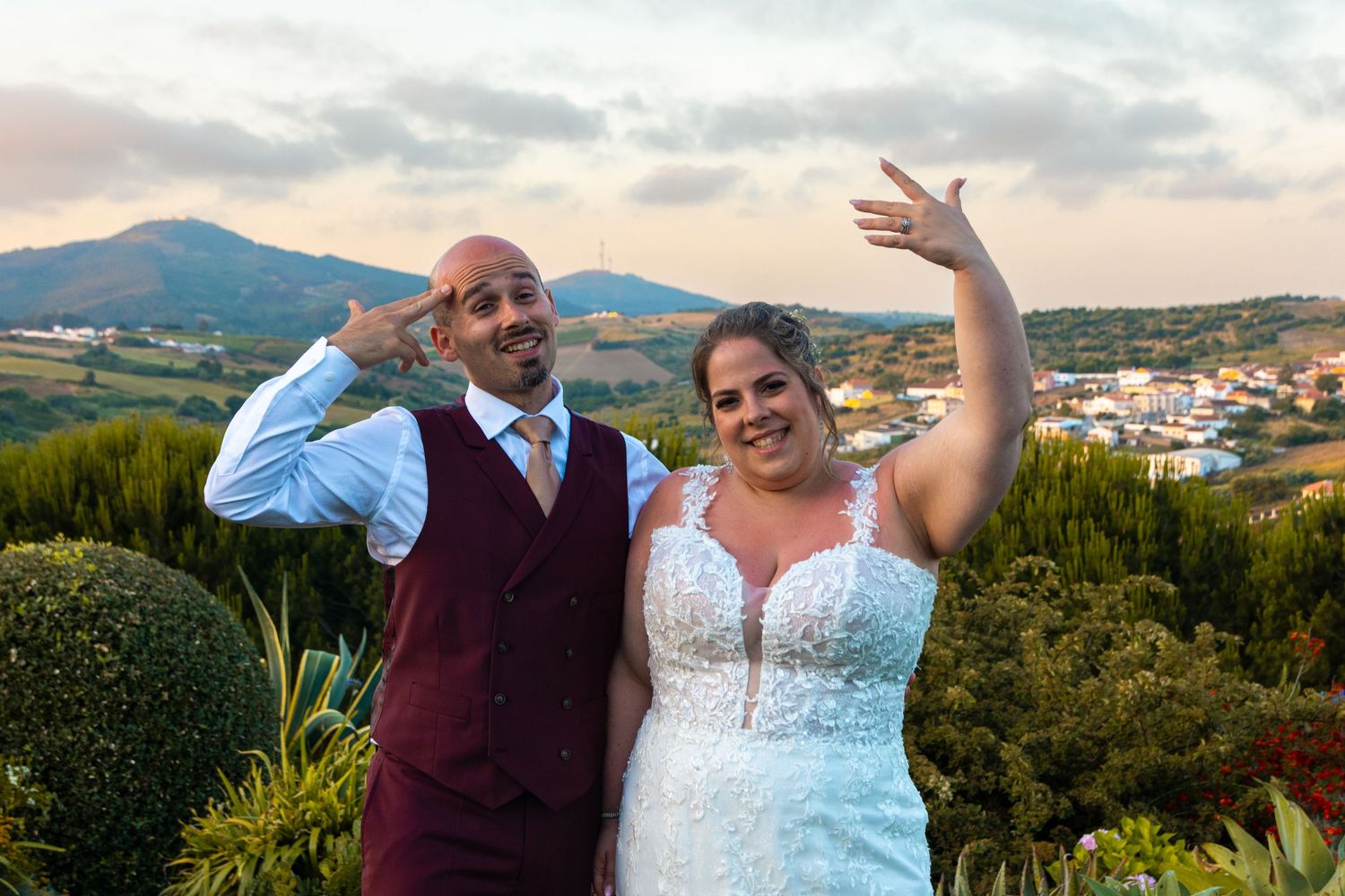 A scenic wedding photo collage showing a couple posing against mountain and garden landscapes at sunset.