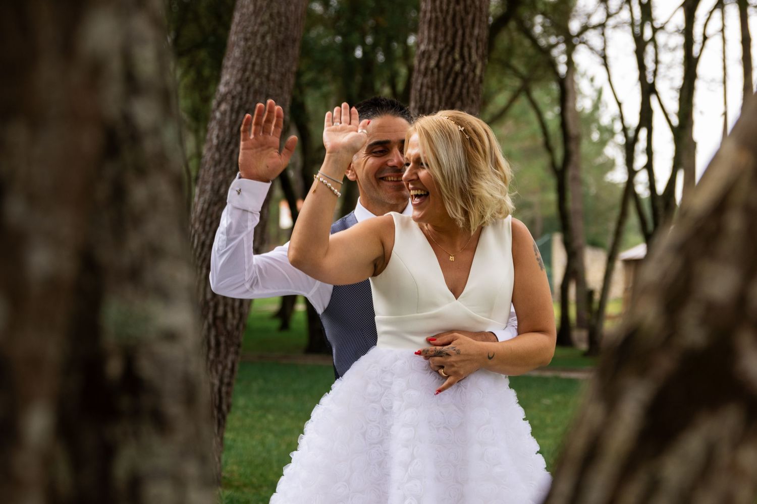 Candid wedding photography sequence showing couple's natural interactions outdoors.