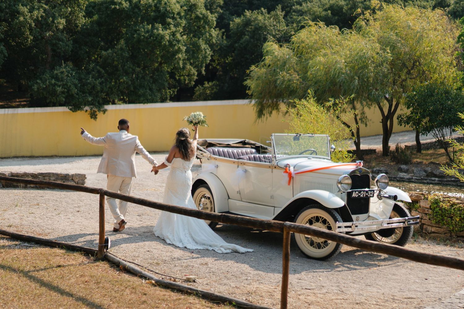 A wedding couple poses for romantic photos in various outdoor settings.