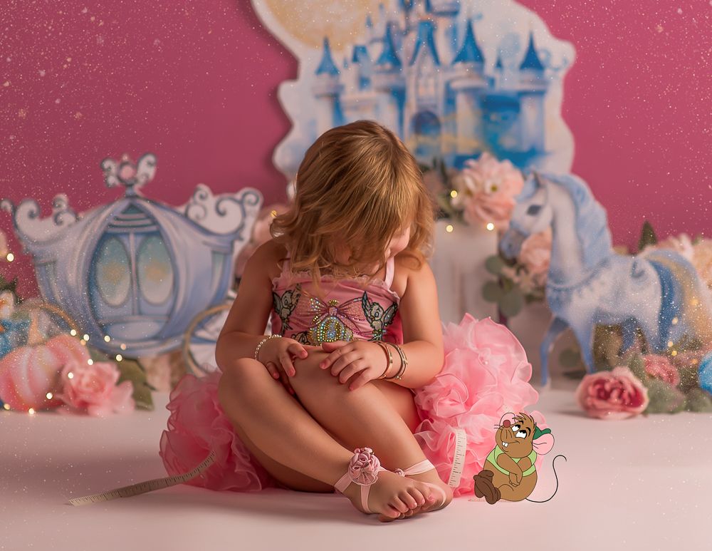 A series of photos showing a magical princess-themed photo session with a pink backdrop and fairytale carriage props.
