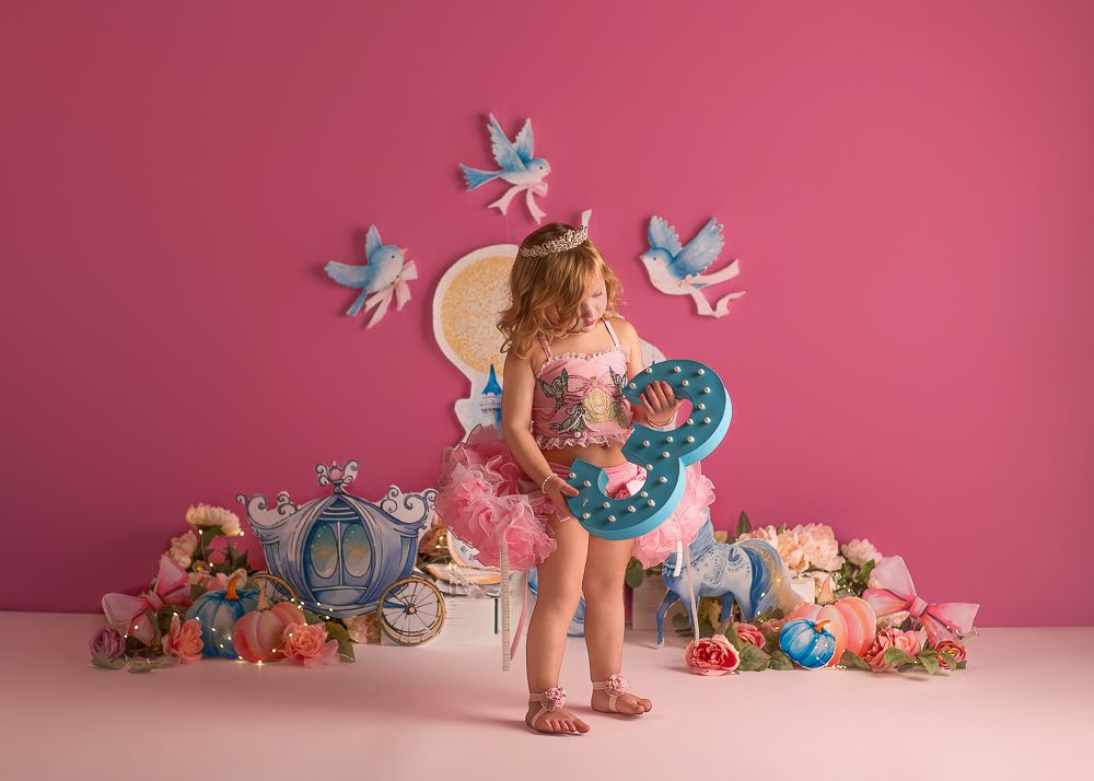 Pink cake smash photography setup with blue birds and floral decorations against a rosy backdrop.