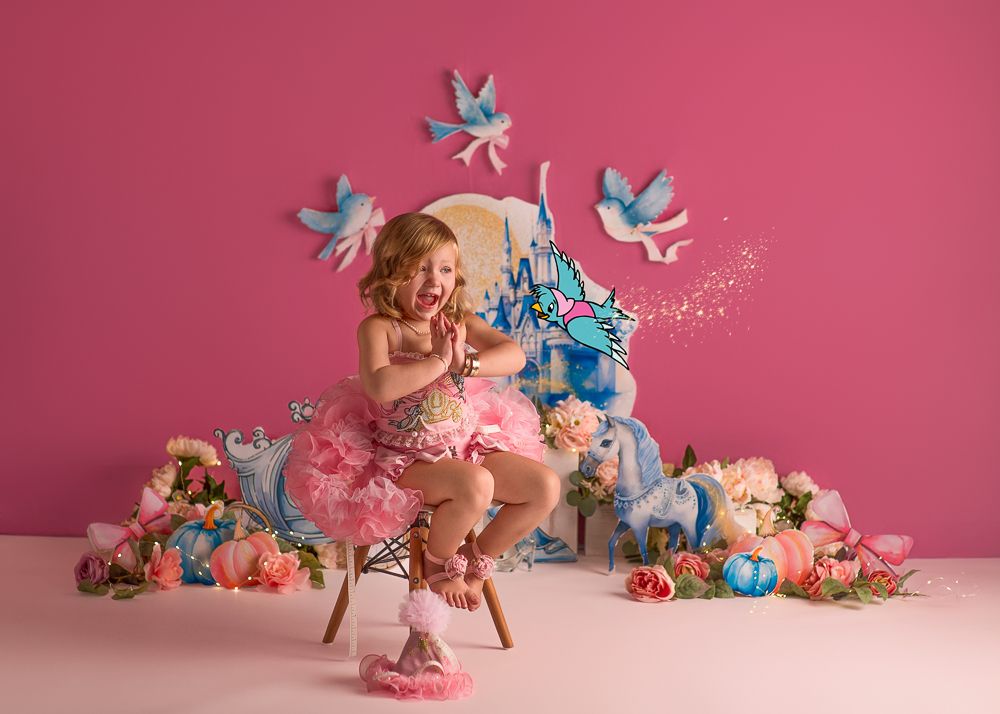 A pink and blue themed newborn photography setup with butterflies and floral decorations against a rosy backdrop.