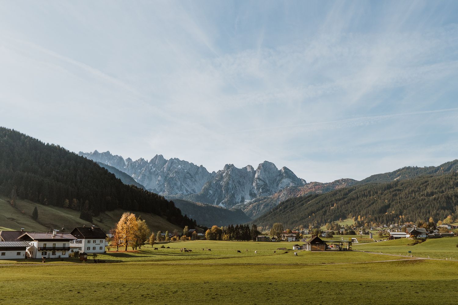 Scenic mountain valley landscape with green meadows and snow-capped peaks under blue skies.
