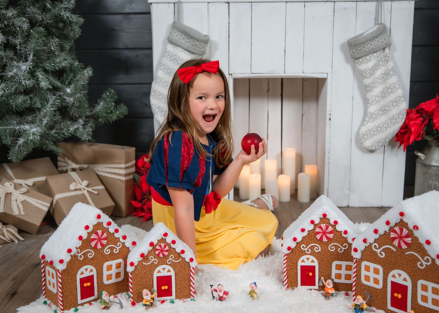 Cozy holiday scene with built-in shelving displaying miniature houses and decorative trees.