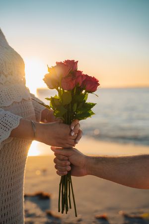 A sequence of hands exchanging red roses against a dreamy beach sunset backdrop with ocean waves in the background.