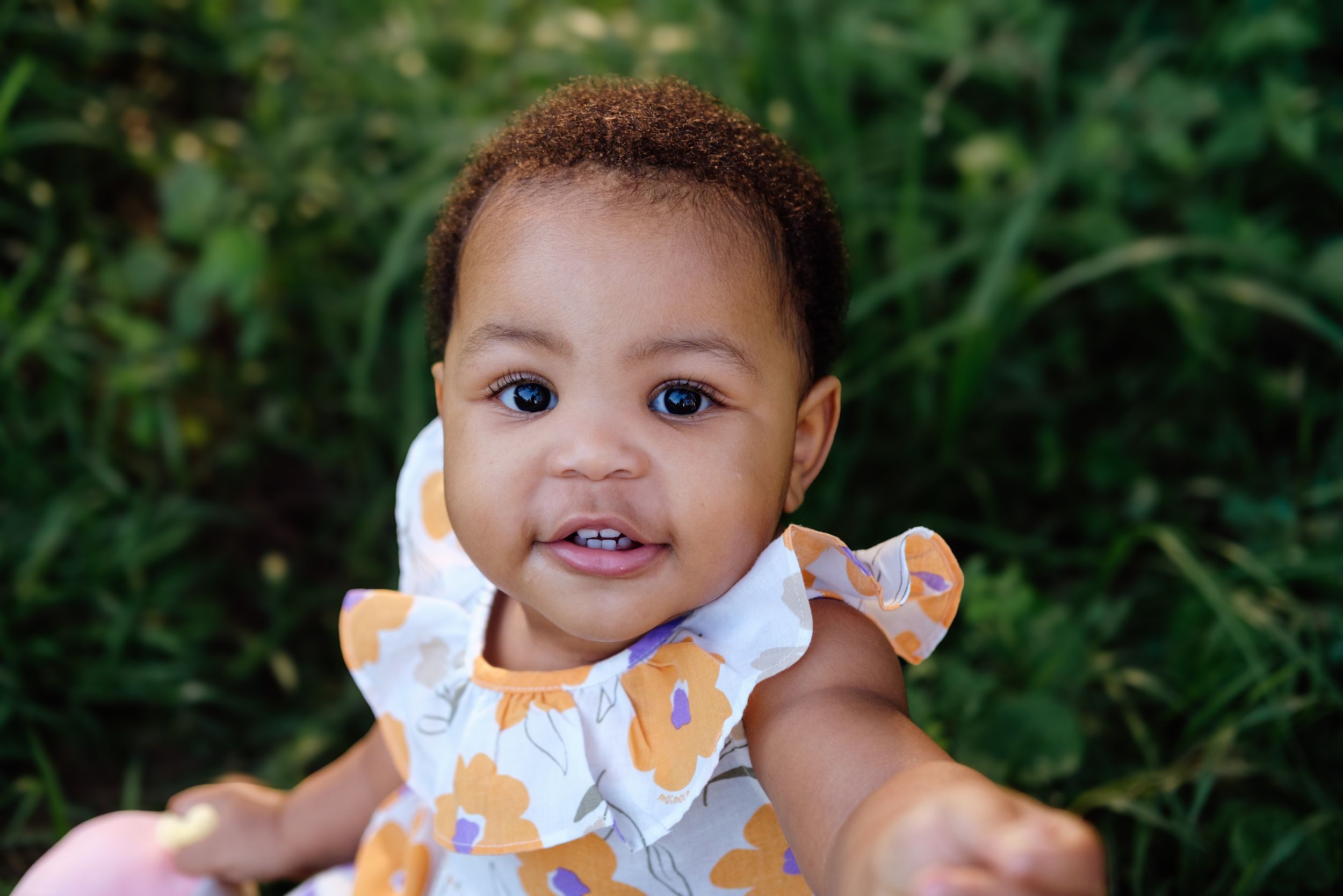 Little girl gently handing a flower during a portrait session