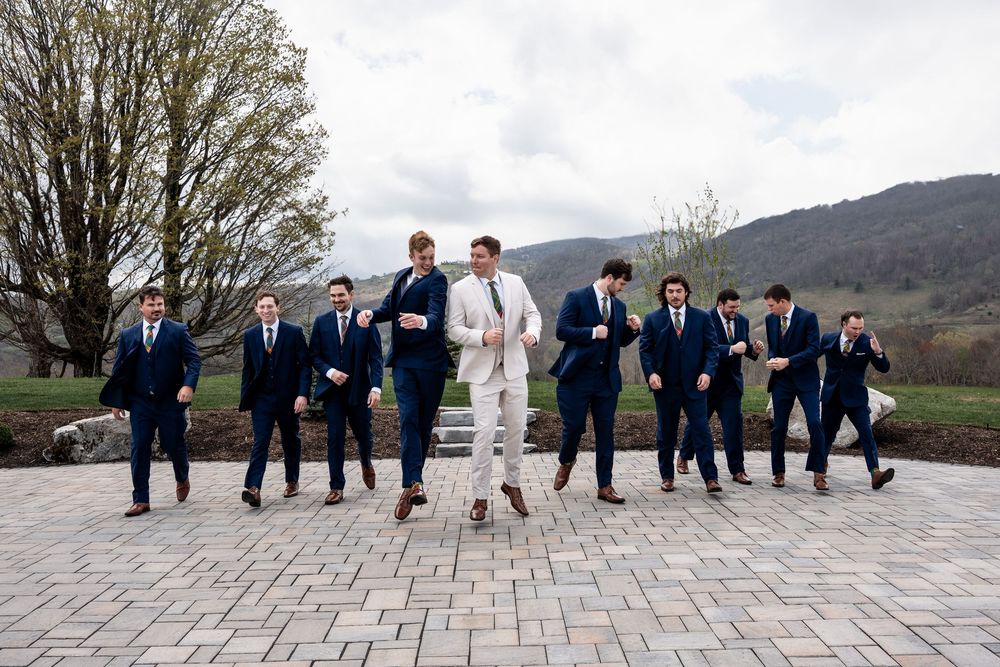 A sequence of wedding photos showing the wedding party walking and posing in various formations outdoors.