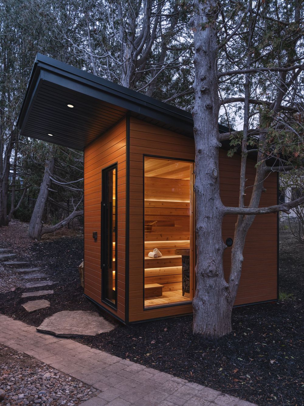 A modern wooden sauna cabin with glass door illuminated at night, nestled among tall trees in a forest setting.