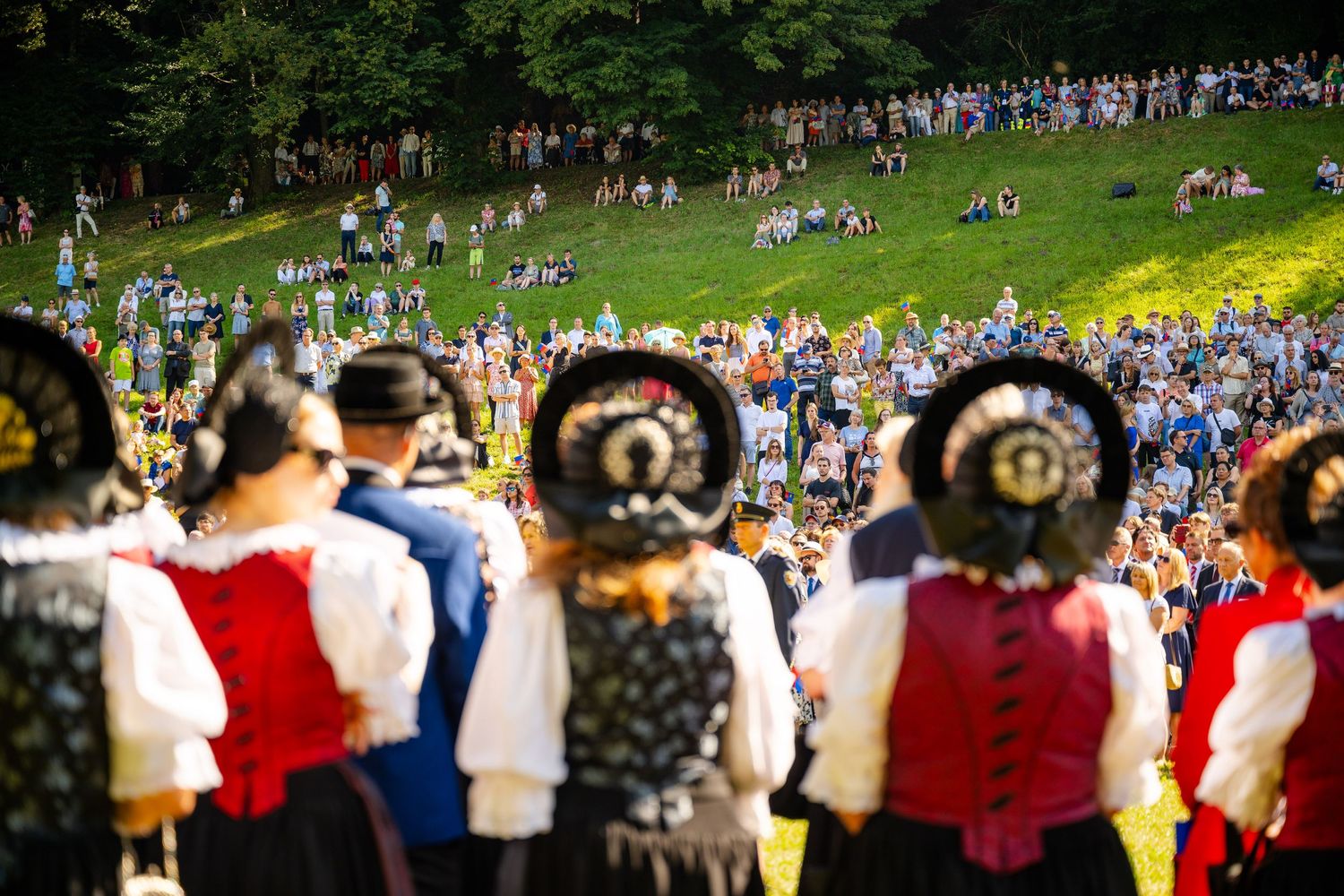 Traditional folk festival crowd gathers on grassy hillside while performers in traditional German dress watch from stage.