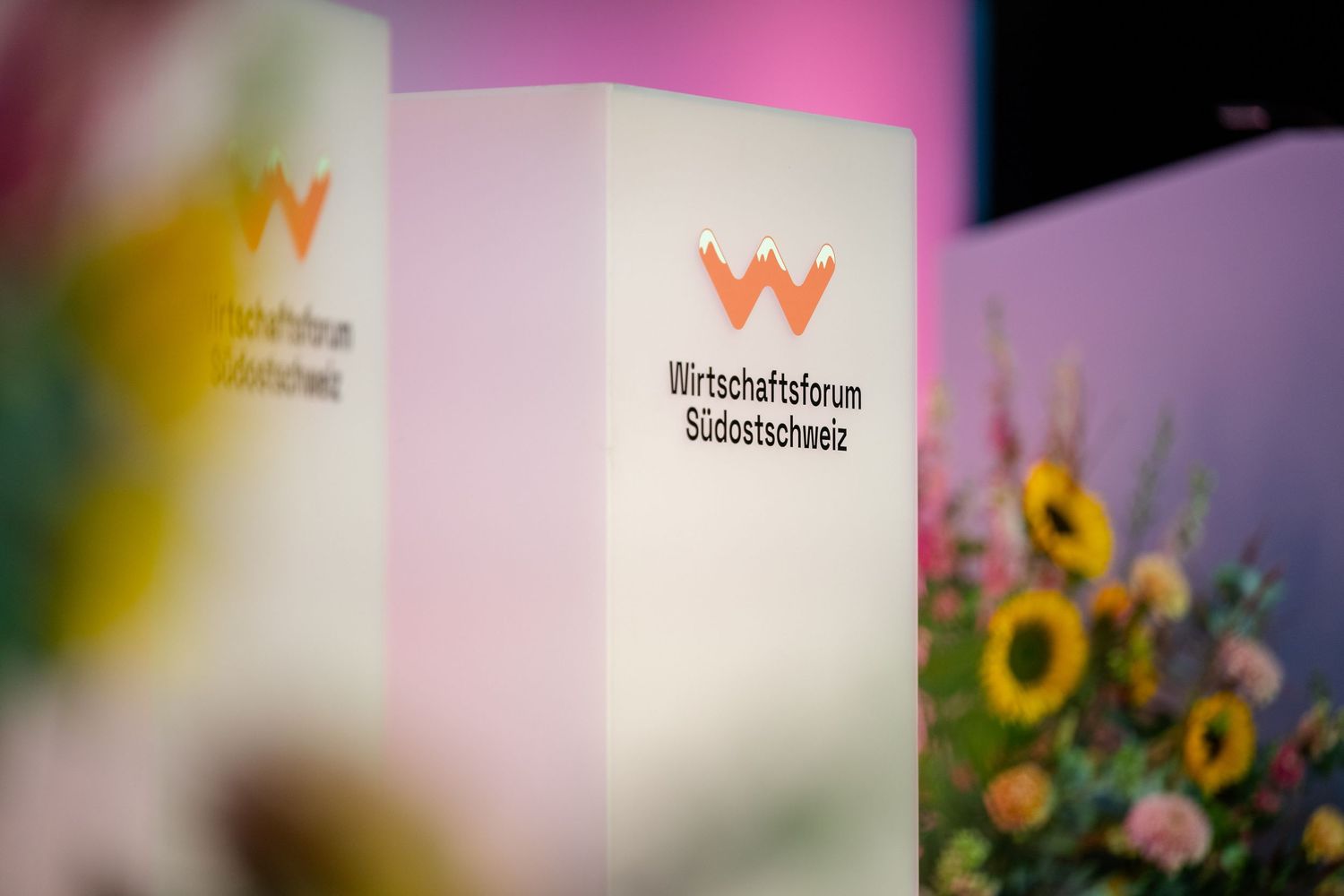 White branded cube displays W Healthcare Solutions logo against blurred pink background with yellow sunflowers.