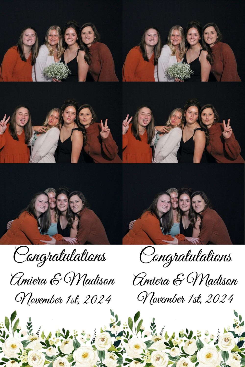 Photo booth strip of wedding guests in fall colors taking group photos.