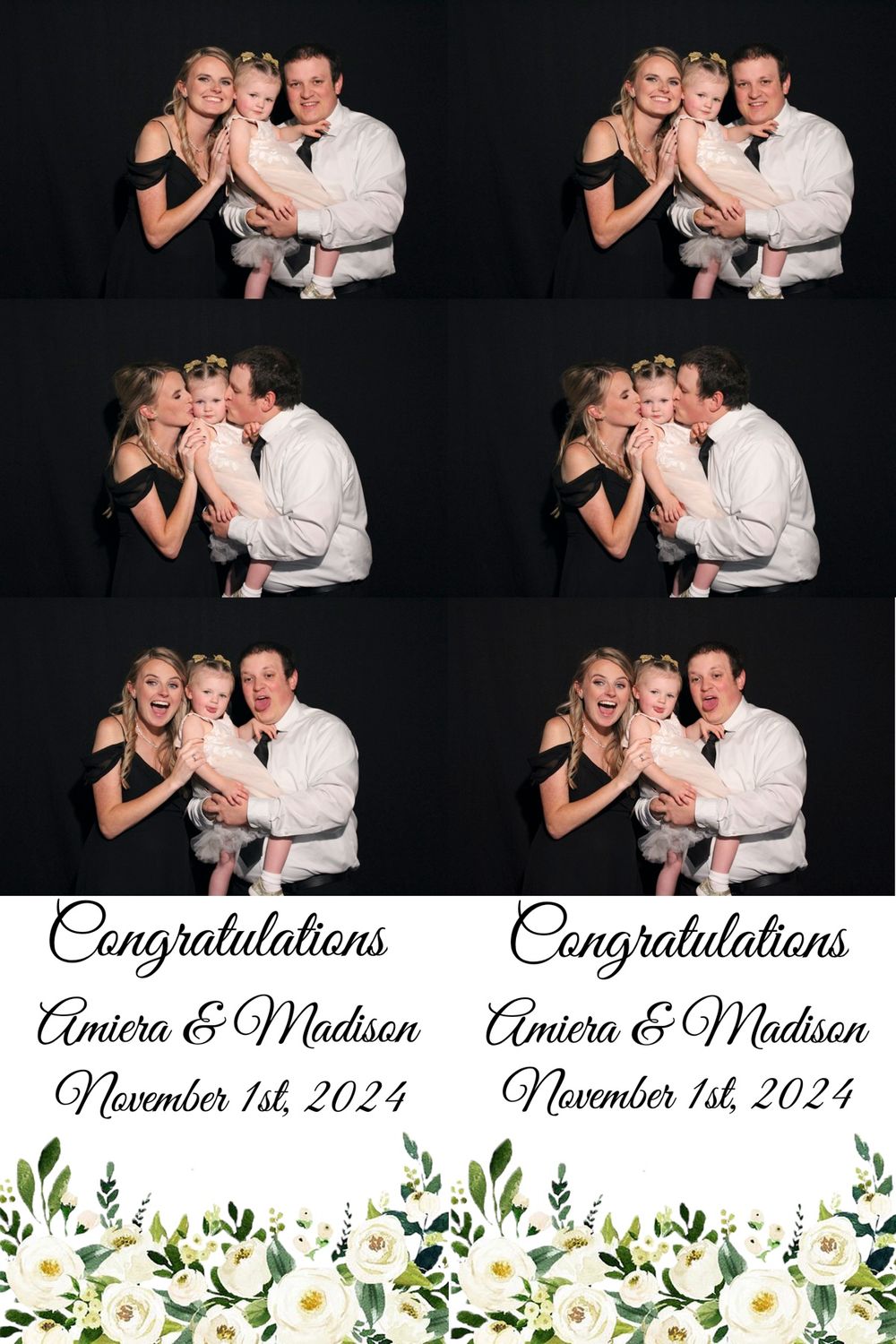Photo booth strip showing family moments with baby at wedding celebration.