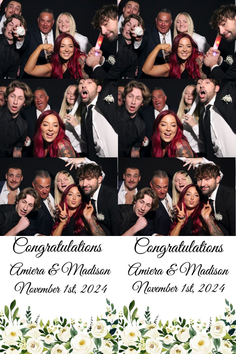 Fun photo booth strip showing wedding guests making silly faces and celebrating.