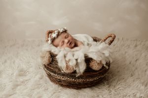 Dreamy newborn portrait in ornate basket with soft white textiles and floral crown.