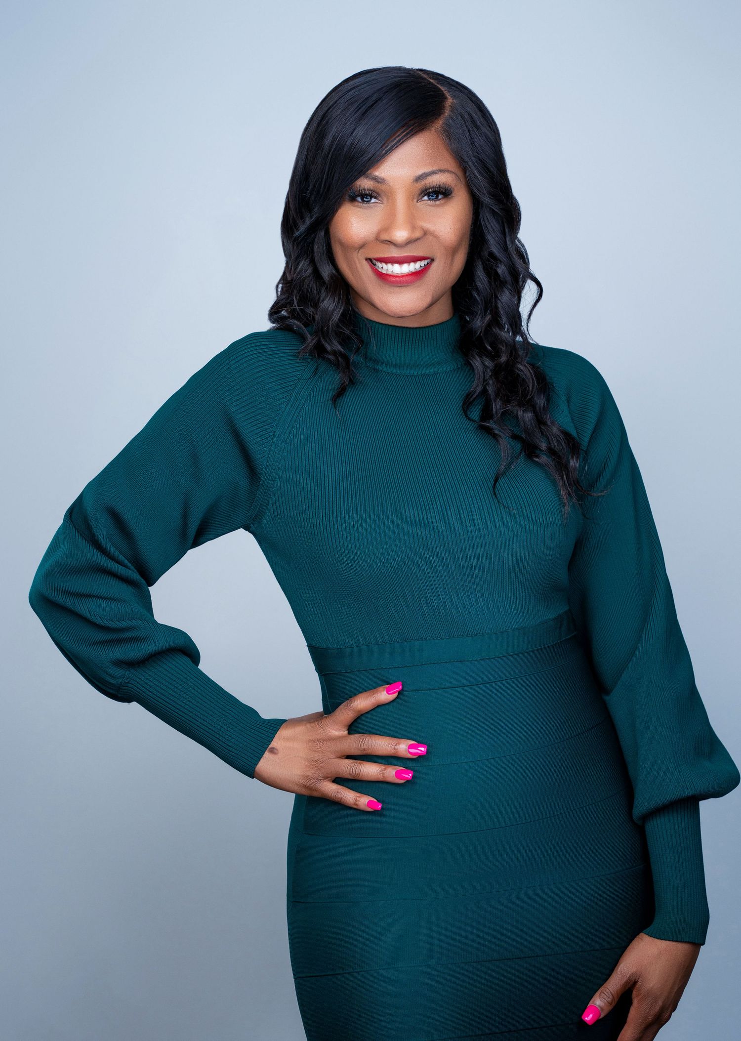 Studio portraits showing model in dark green turtleneck sweater against light backdrop.