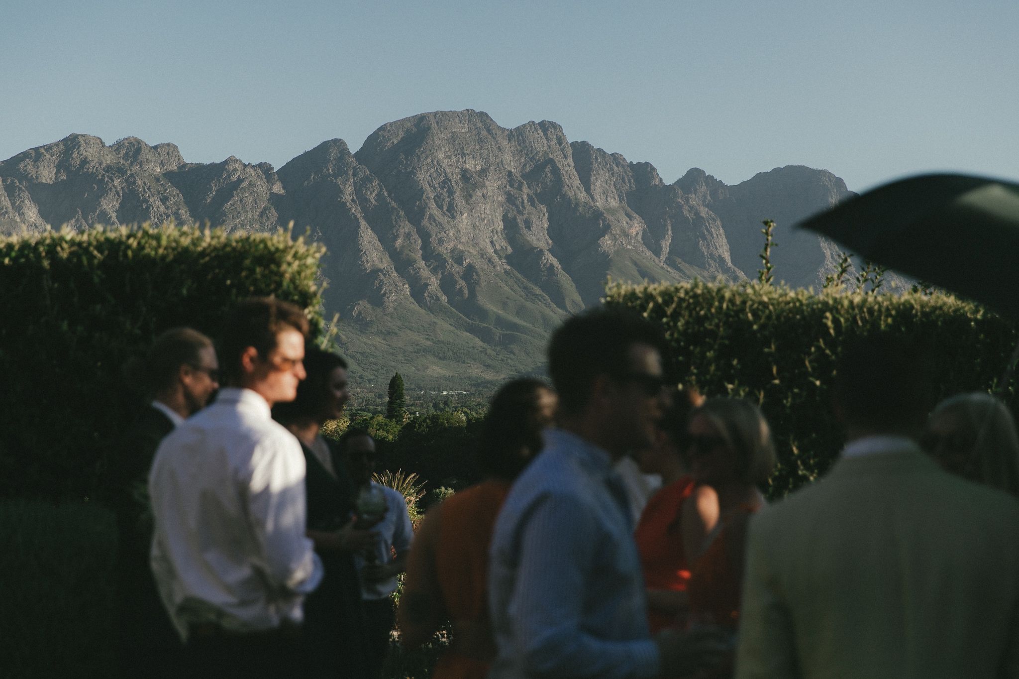 Wedding guests enjoying pre-drinks in the gardens at La Cotte, Cape Winelands