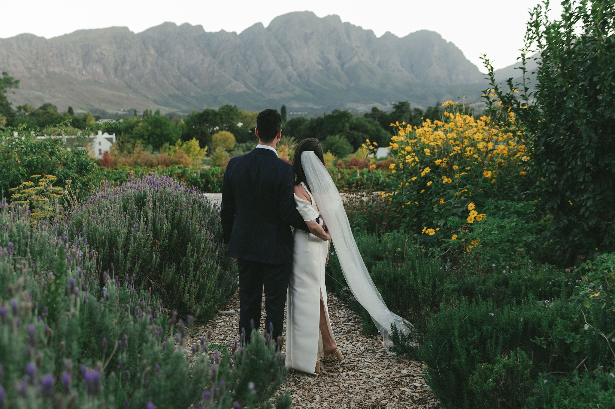 Bride and groom portraits at La Cotte in Franschhoek with mountain views