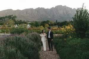 Golden hour wedding photos in the gardens at La Cotte Franschhoek