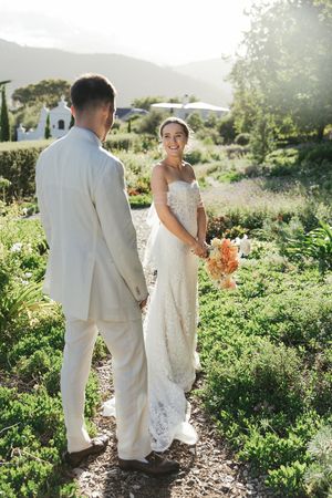 Golden hour wedding photos in the gardens at La Cotte Franschhoek