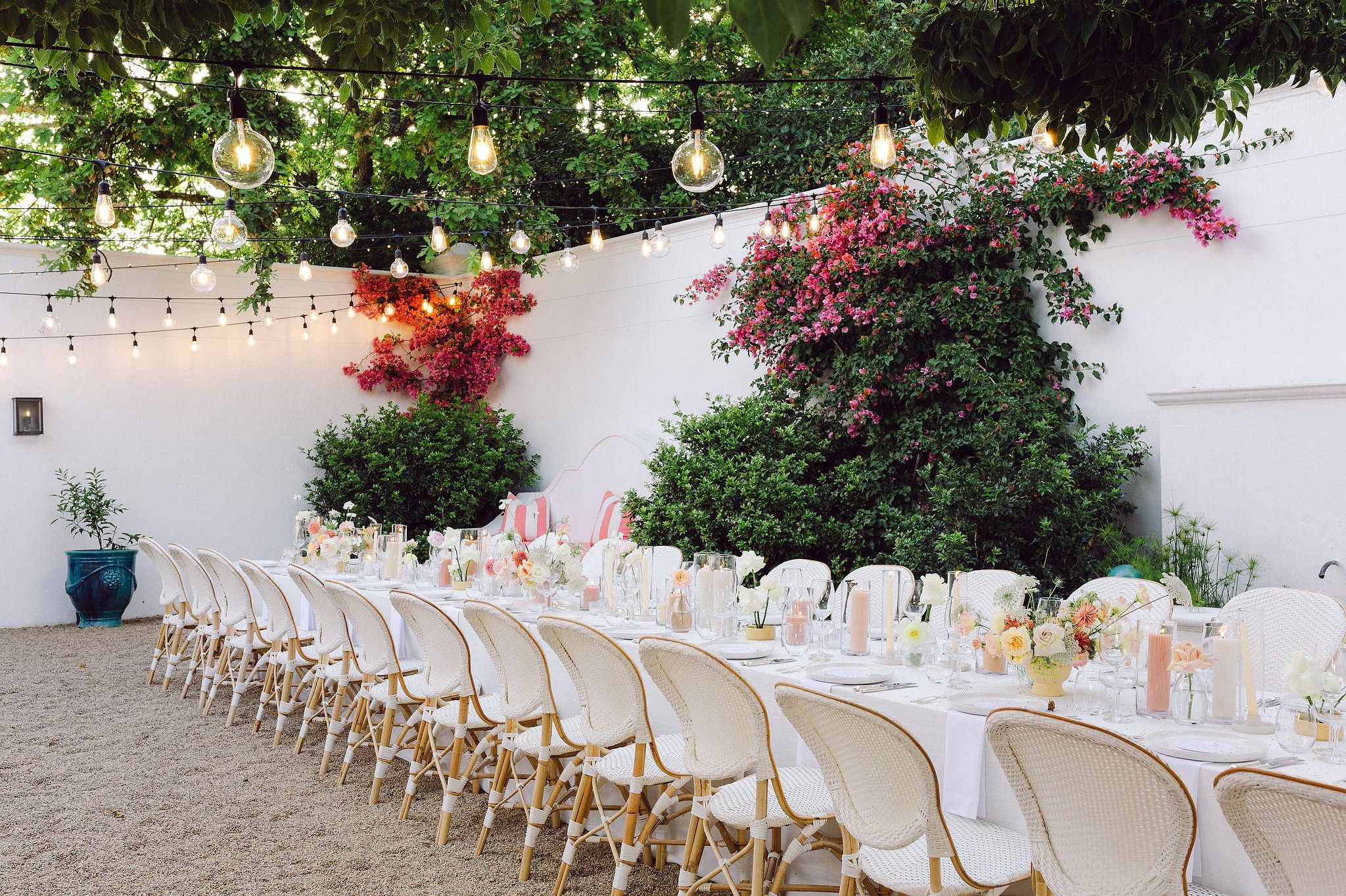 Reception under festoon lights at La Cotte wedding venue, Franschhoek
