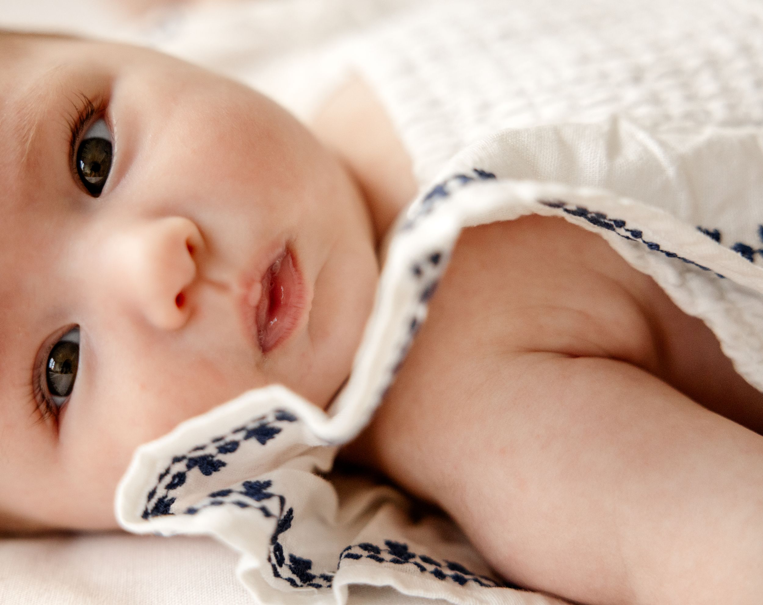 Close up view of a young baby laying on white blankets with a navy blue trimmed cover.