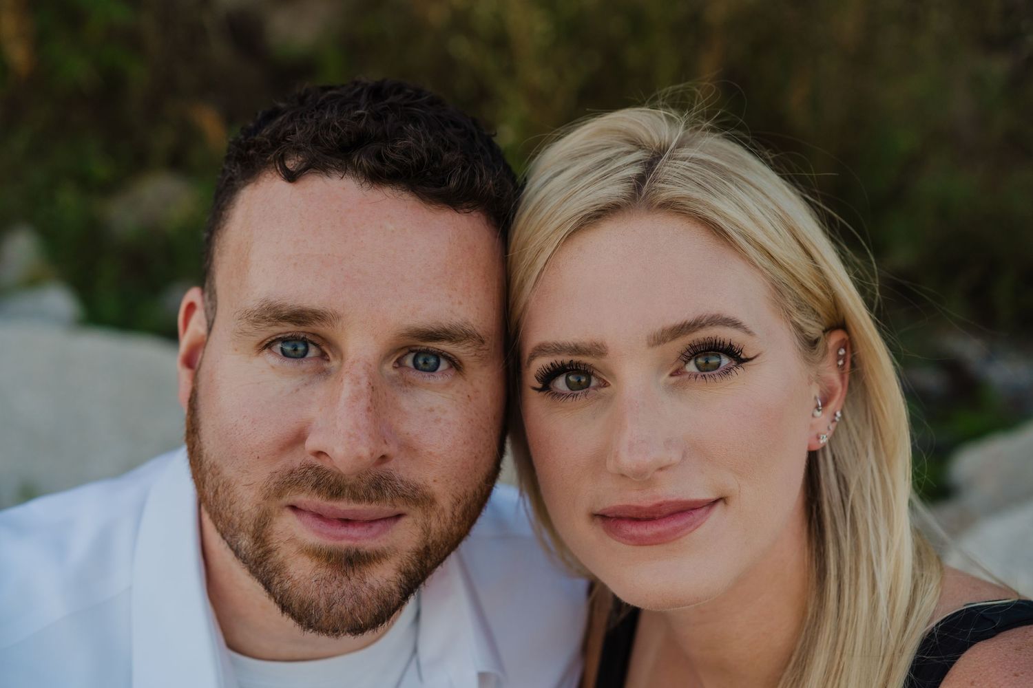 A series of romantic outdoor engagement photos showing a couple smiling and embracing in natural lighting.
